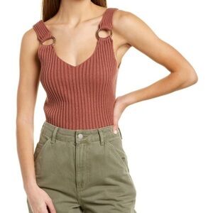 Club Monaco Women's Ribbed Knit Top with Ring Detail - brown